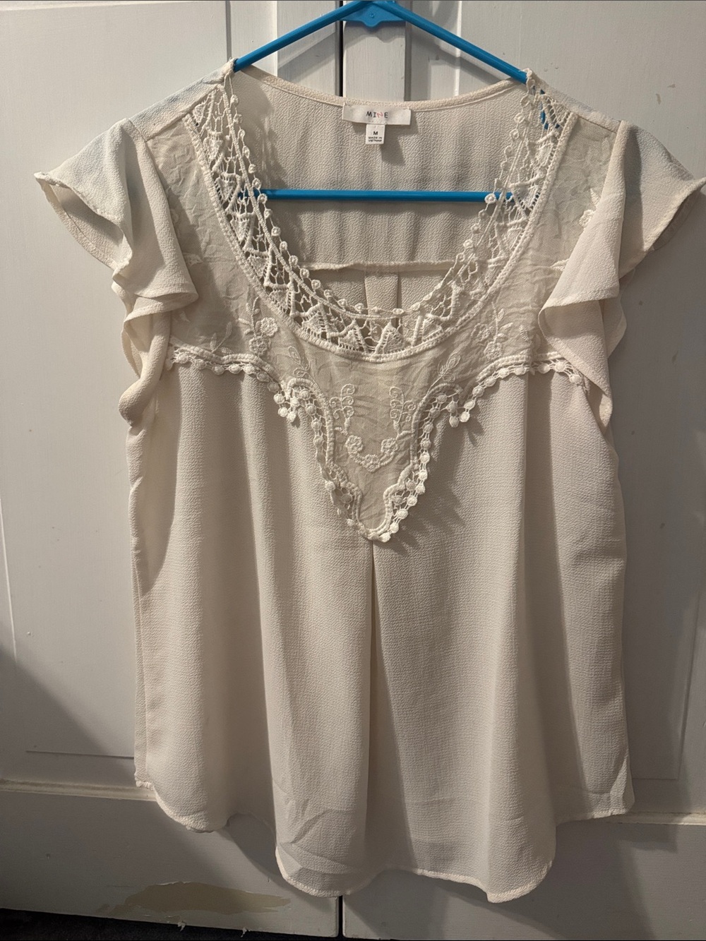 Cream Lace-Trim Flutter Sleeve Top